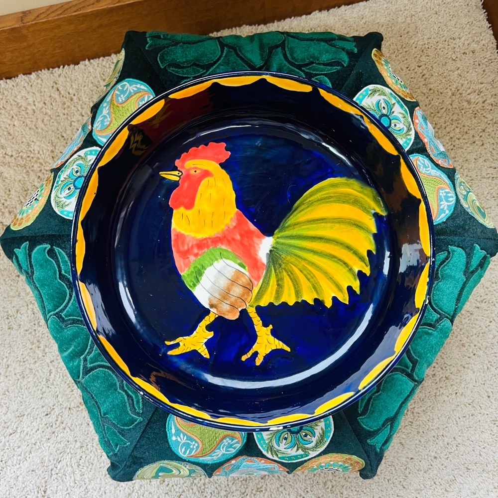 Stunning Talavera Mexico Pottery Cobalt Rooster 🐓 Serving Bowl 💙💛 Handmade